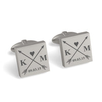 Crossed Arrows with Love Heart, Initials and Date Engraved Cufflinks