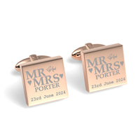 Mr Mrs Last Name Love Heart with Date Engraved Wedding Cufflinks