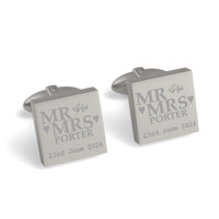 Mr Mrs Last Name Love Heart with Date Engraved Wedding Cufflinks