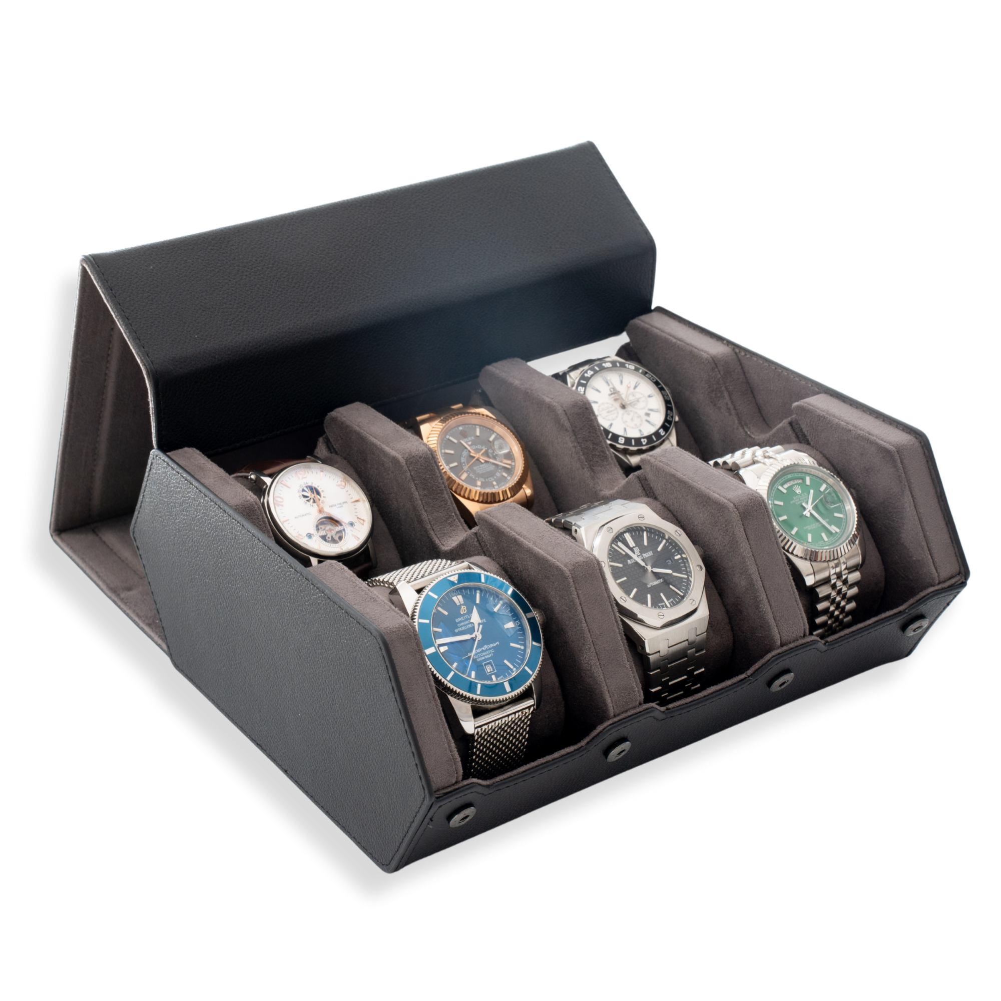 Hex Leather Watch Roll 6 Slots in Black/Charcoal