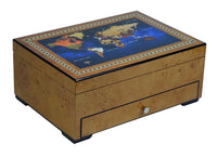 World Map 2-drawer Burl Wooden Watch Box for 8 Watches + Jewellery Watch Boxes Clinks